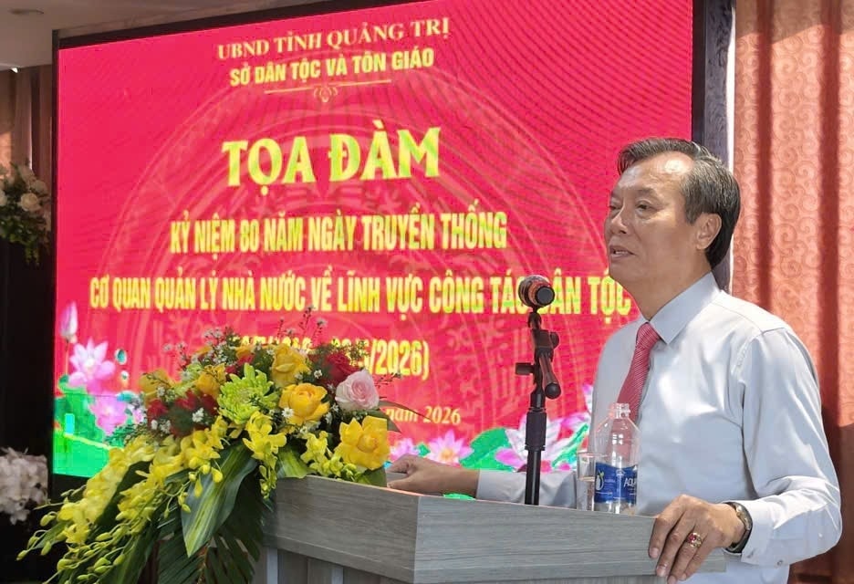 Ông Nguyễn Trí Kiên, Giám đốc Sở Dân tộc và Tôn giáo tỉnh Quảng Trị phát biểu trong buổi Tọa đàm kỷ niệm 80 năm ngày truyền thống cơ quan quản lý nhà nước về lĩnh  vực công tác dân tộc