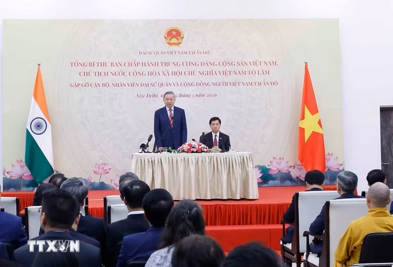 Tổng Bí thư, Chủ tịch nước đề nghị, Đại sứ quán và các cơ quan đại diện Việt Nam tại Ấn Độ tiếp tục phát huy tinh thần đoàn kết, trách nhiệm, đổi mới, sáng tạo; triển khai hiệu quả đường lối đối ngoại của Đảng - Ảnh: TTXVN
