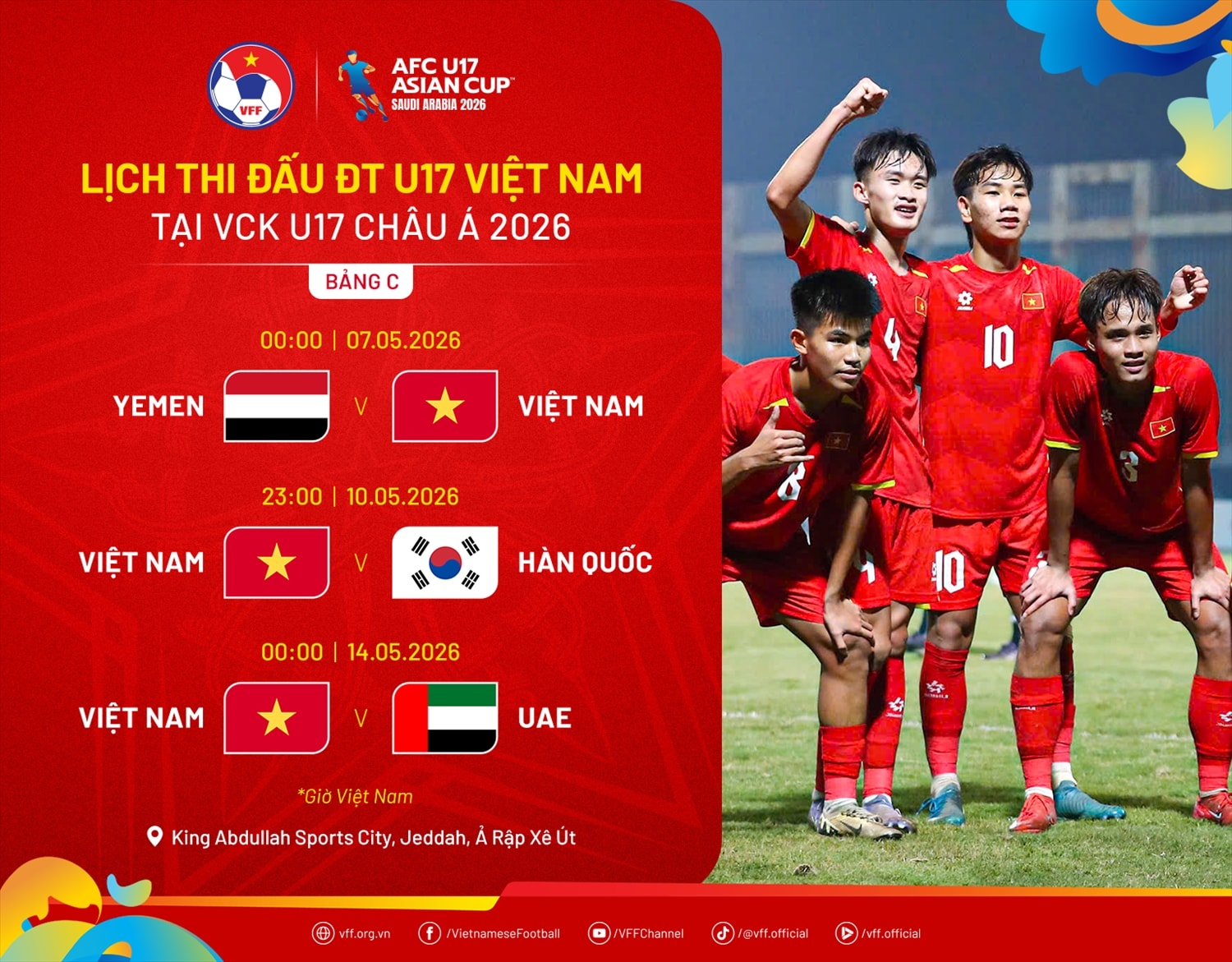 Lịch thi đấu của U17 Việt Nam tại giải U17 châu Á 2026 (Ảnh VFF)