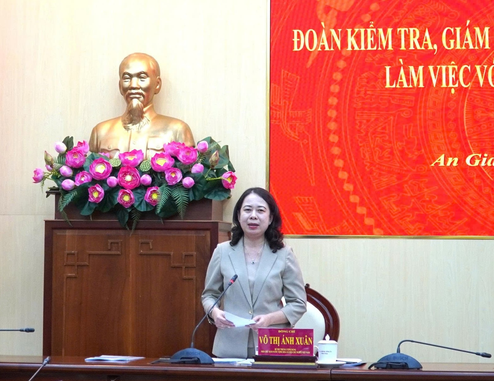 Phó Chủ tịch nước Võ Thị Ánh Xuân phát biểu tại buổi làm việc với Ban thường vụ tỉnh An Giang