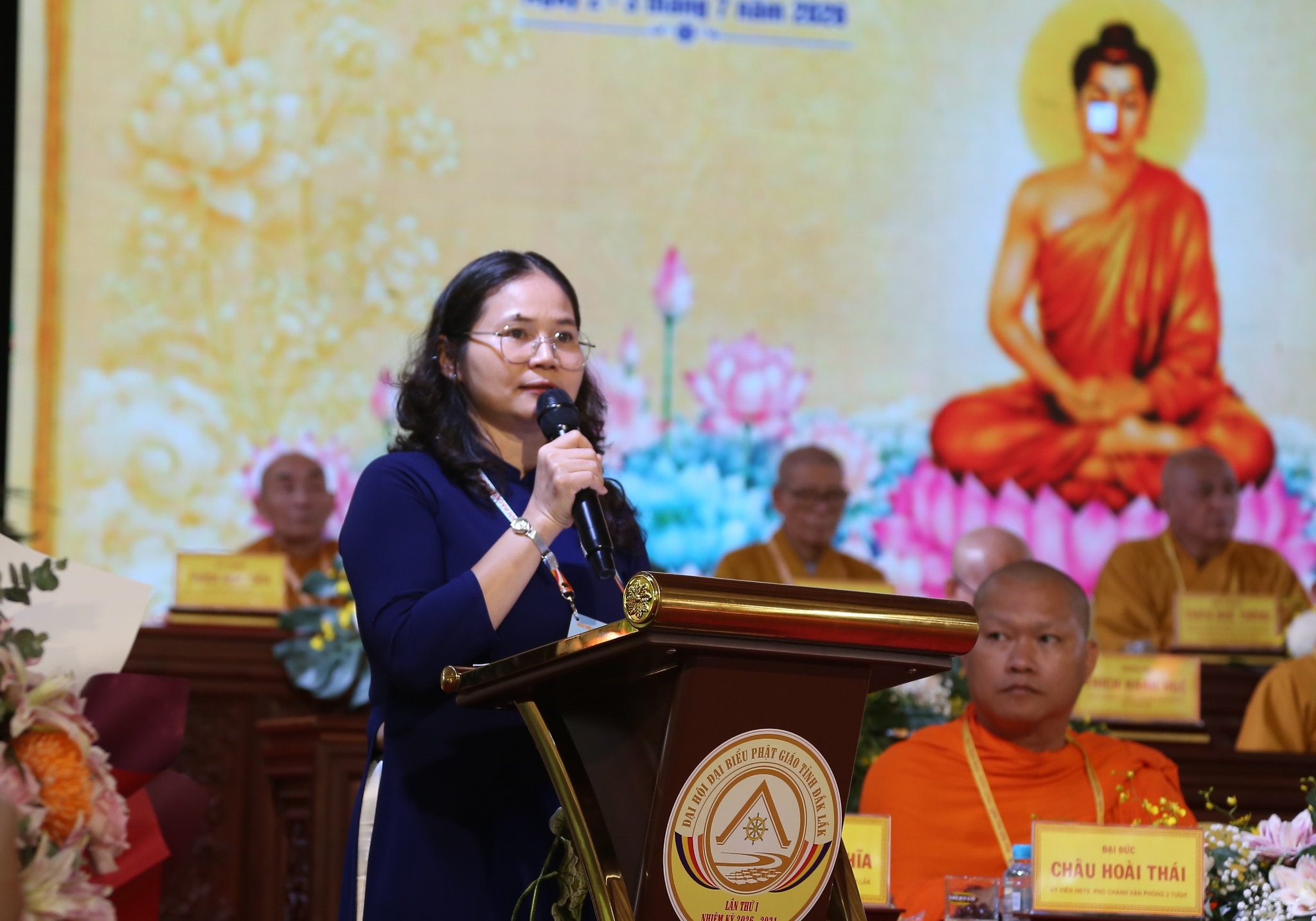 Phó Giám đốc sở Dân tộc và Tôn giáo tỉnh Đắk Lắk Lê Thị Thanh Bích phát biểu tại Đại hội