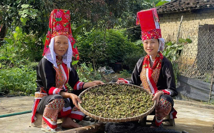 Chị Hiền (bên phải) giới thiệu, quảng bá sản phẩm thuốc truyền thống người Dao Thanh Phán của gia đình