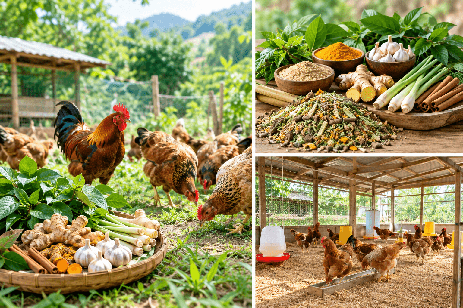 Trong mô hình nuôi gà thảo dược, thức ăn chính vẫn phải bảo đảm đầy đủ năng lượng, protein, vitamin và khoáng chất theo từng giai đoạn sinh trưởng.