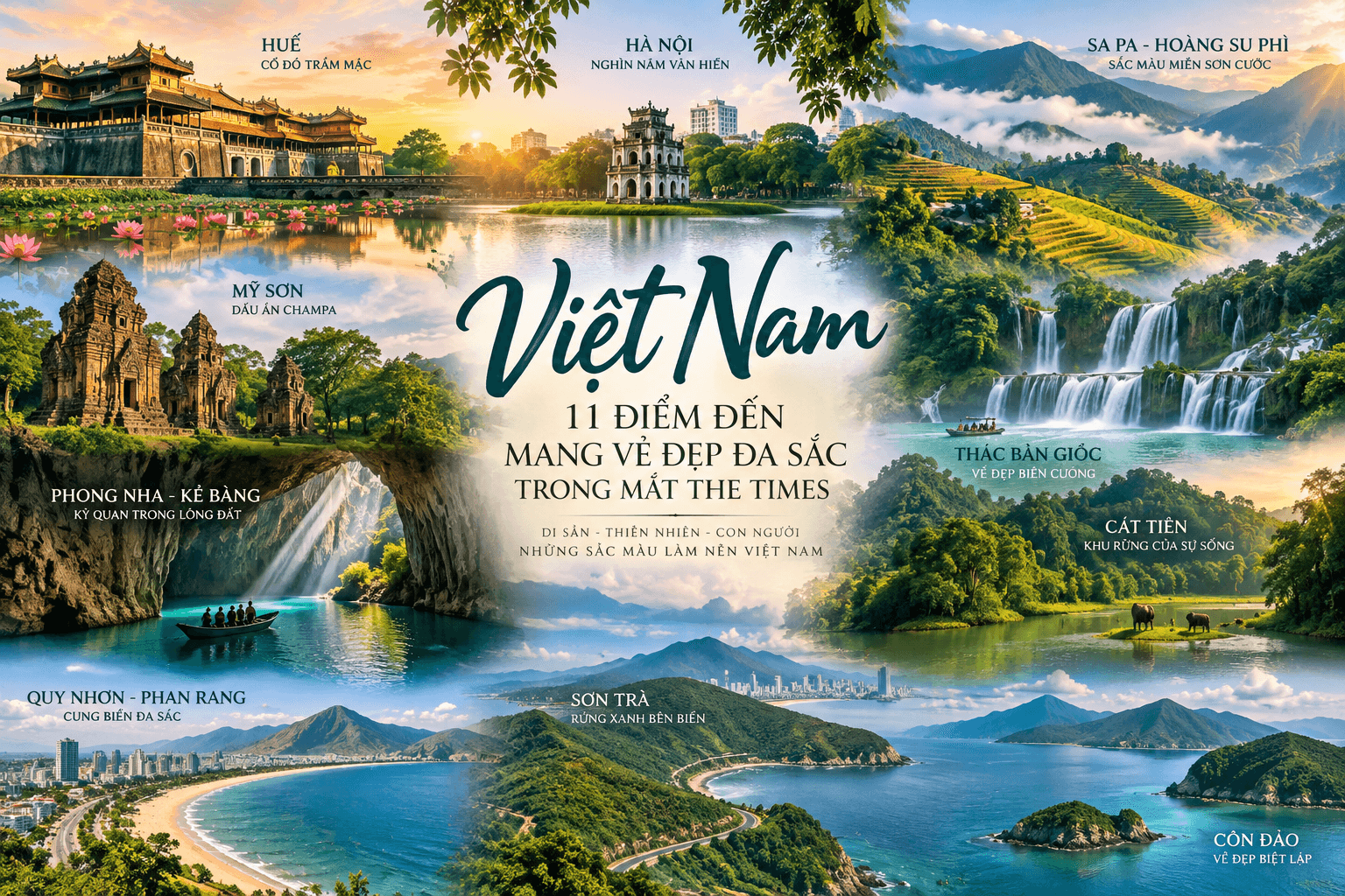 Tạp chí The Times (Vương quốc Anh) giới thiệu 11 điểm đến đẹp của Việt Nam năm 2026. Thiết kế ảnh: Việt Hà
