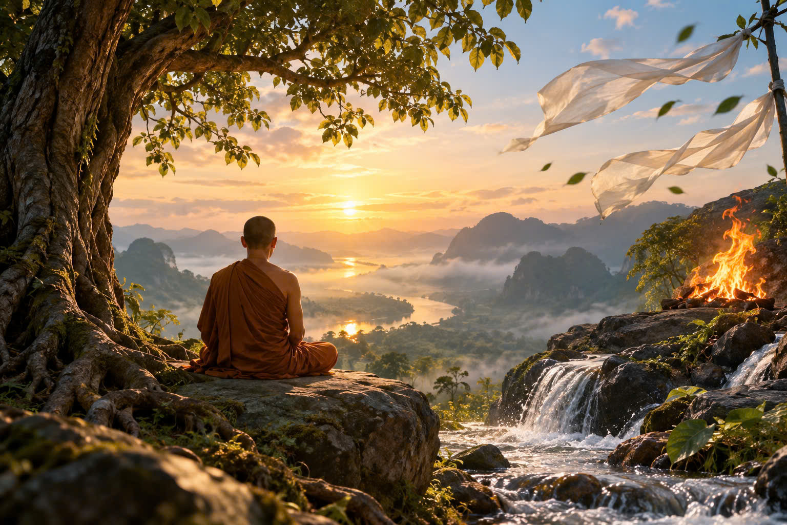 Từ đất, nước, lửa và gió, người học Phật học cách quán chiếu cách giữ tâm trước những biến động của đời sống. Thiết kế ảnh: Việt Hà