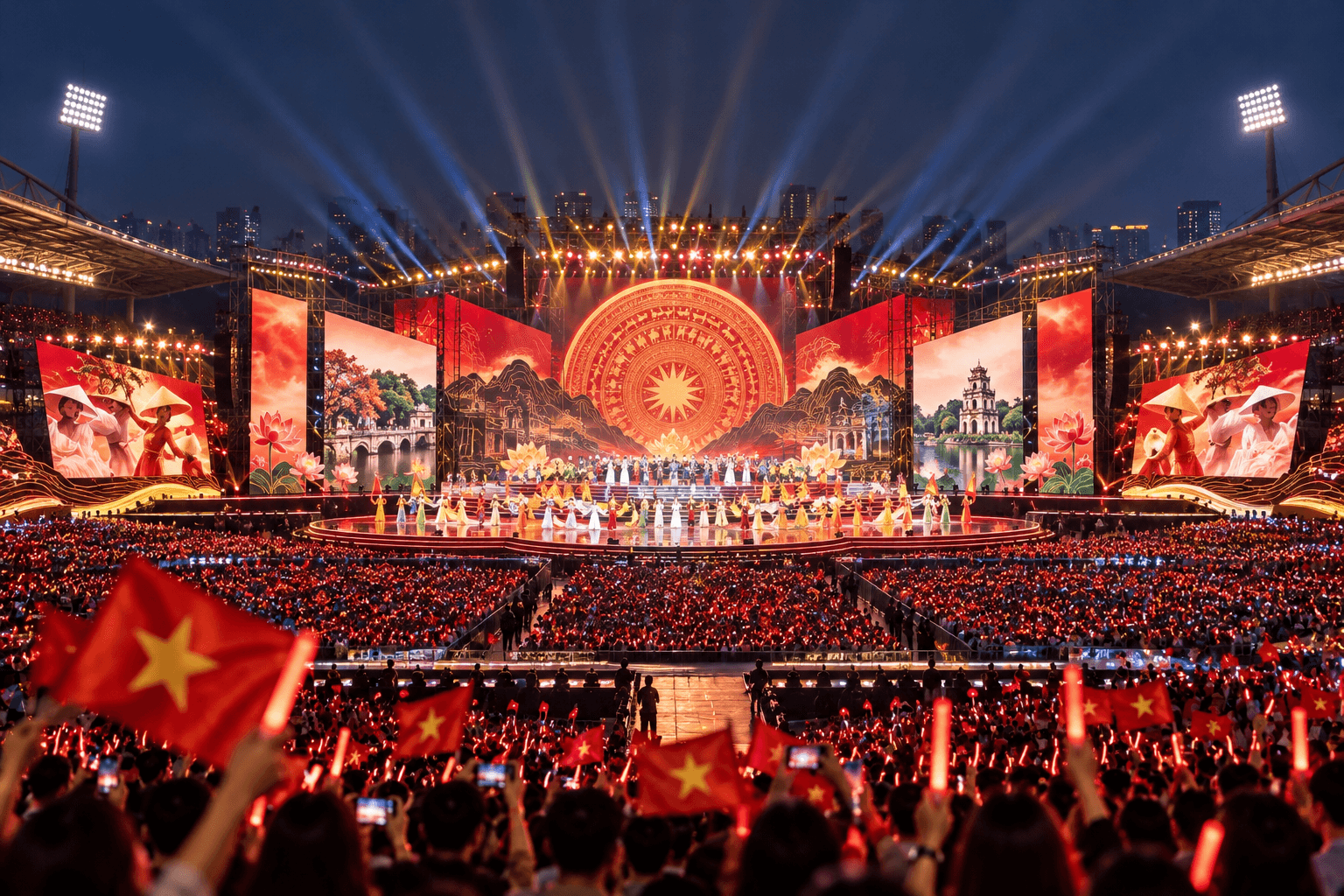 Hà Nội dự kiến tổ chức chương trình nghệ thuật và concert chào mừng Ngày Văn hóa Việt Nam tại Sân vận động quốc gia Mỹ Đình, với quy mô khoảng 60.000 khán giả. Thiết kế ảnh: Việt Hà