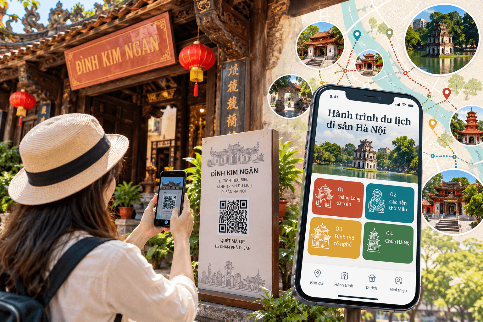 Nền tảng số “Hành trình du lịch di sản Hà Nội” giúp du khách khám phá 28 di tích tiêu biểu thông qua bản đồ tương tác và mã QR. Thiết kế ảnh: Việt Hà