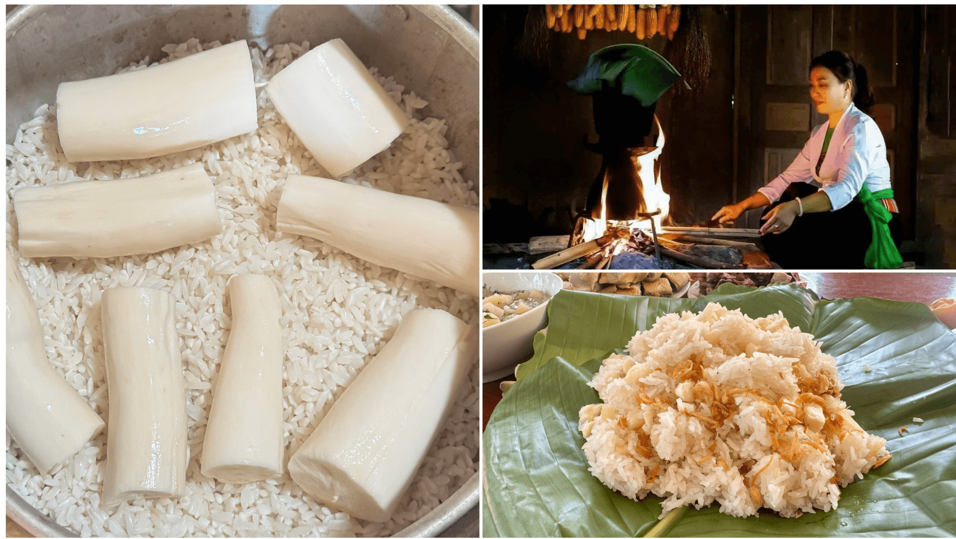 Nguyên liệu làm xôi sắn gồm sắn tươi, gạo nếp nương, muối, hạt nêm, thêm hành khô phi thơm tạo nên sự hấp dẫn cảu món ăn. Ảnh: Việt Hà