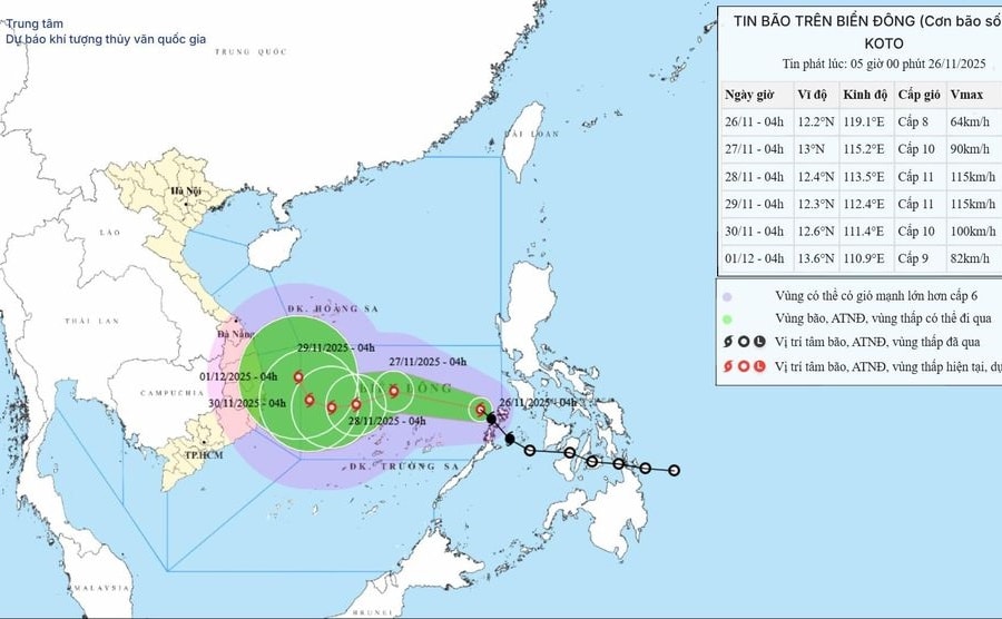 Bão Koto trở thành bão số 15 trên Biển Đông, miền Trung đối mặt nguy cơ mưa lớn trên diện rộng